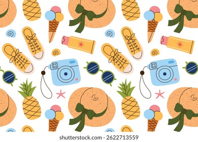 Cartoon seamless pattern with summer doodles for women. Bright warm design with female accessories, vector illustrations of fruits, ice cream, and vacation vibes, tropical resort and travel background