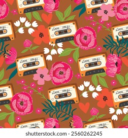 Cartoon seamless pattern with tape cassette and flowers.Colorful background with retro device,hearts and floral composition.Pink,orange on beige.Vector flat design for printing on fabric and paper.