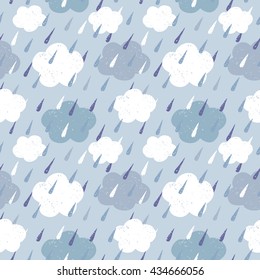 Cartoon seamless pattern with textured raindrops and clouds. Old style grungy background for your design.