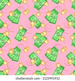 Cartoon seamless pattern with three-dimensional green banknotes and golden metallic coins. Wrapping paper, wallpaper or web background concept with cash in bundle, stack, piles on pink background.
