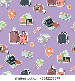 Cartoon seamless pattern with travel objects.Suitcases, globe, hand with passport and tickets, backpack, airplane,index,camera,photos,smile.Vector designs stickers set.Flat color illustration.