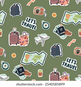 Cartoon seamless pattern with traveling objects. World map, plane, suitcases, backpack, hand with passport and tickets,compass,camera and handwritten.Vector design for printing on fabric and paper.