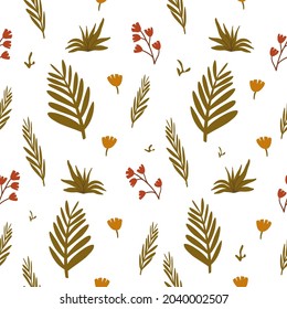 Cartoon seamless pattern with tropical leaves. Flat botanical background. Hand drawn floral texture. Vector illustration on white background. Perfect for background, wrap paper, wall paper, fabric