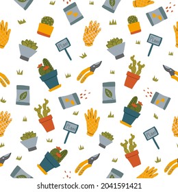 Cartoon nahtloses Muster mit tropischen Blättern. Flacher botanischer Hintergrund. Handgezeichnete Blumenstruktur. Vektorgrafik auf weißem Hintergrund. Perfekt für Hintergrund, Wickelpapier, Tapete, Stoff