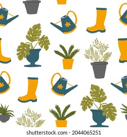 Cartoon seamless pattern with tropical leaves. Flat botanical background. Hand drawn floral texture. Vector illustration on white background. Perfect for background, wrap paper, wall paper, fabric