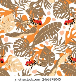 Patrón sin fisuras de dibujos animados con hojas tropicales y rana venenosa. Fondo floral con lindo animal salvaje. Colores naranja y beige. Impresión en tela y papel. Diseño de Vector para Anuncio, Fondo de pantalla, embalaje.