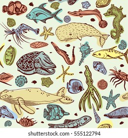 Cartoon seamless pattern with underwater creatures. Vector background of sea animal - seashells, fish, whale, seahorse, tuna, butterfly fish, calmar, squid. 