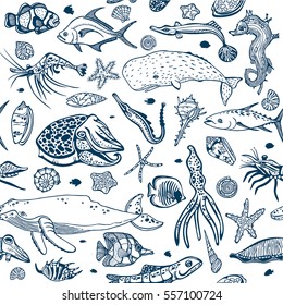 Cartoon seamless pattern with underwater creatures on a white background. Vector wallpaper of sea animal - seashells, fish, whale, seahorse, tuna, butterfly fish, calmar, squid.
