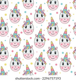 Cartoon seamless pattern with a unicorn on a white background.