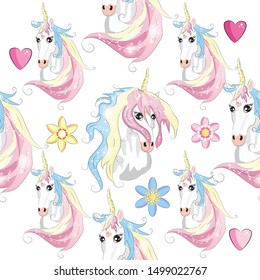 Cartoon seamless pattern. Unicorn with rainbow and clouds. For designed print.