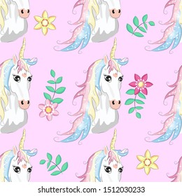 Cartoon seamless pattern. Unicorn with rainbow and clouds. For designed print.