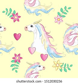 Cartoon seamless pattern. Unicorn with rainbow and clouds. For designed print.
