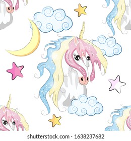 Cartoon seamless pattern. Unicorn with rainbow and clouds, designed print.