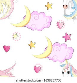 Cartoon seamless pattern. Unicorn with rainbow and clouds, designed print.