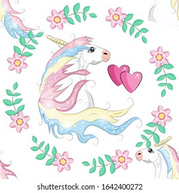Cartoon seamless pattern. Unicorn with rainbow and clouds, designed print.