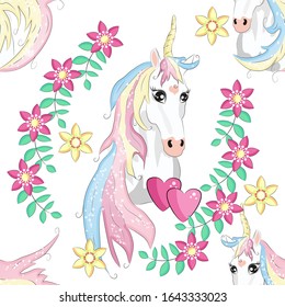 Cartoon seamless pattern. Unicorn with rainbow and clouds, designed print.