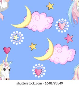 Cartoon seamless pattern. Unicorn with rainbow and clouds, designed print.