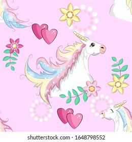Cartoon seamless pattern. Unicorn with rainbow and clouds, designed print.
