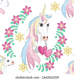 Cartoon seamless pattern. Unicorn with rainbow and clouds, designed print.