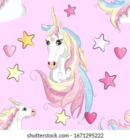 Cartoon seamless pattern. Unicorn with rainbow and clouds, designed print.