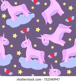 Cartoon seamless pattern. Unicorn with stars and crown and hearts. For designed print on fabric and textile, Web. For girl