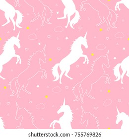 Dibujo sin fisuras. Unicornio con estrellas y nubes y corazones. Para impresión en tela y textil, Web. Para chica