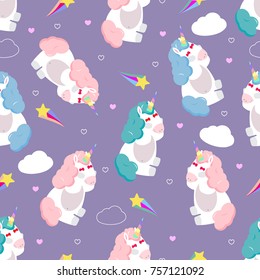 Cartoon seamless pattern. Unicorn with stars and cloud and hearts. For designed print on fabric and textile, Web. For girl