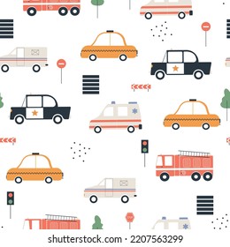 Cartoon Seamless Pattern Of Urban Transport. Cute Vector Fire Truck, Ambulance, Police Car, Taxi And Mail Truck. Toy Cars With A Flashing Siren. Hand Drawn Vehicles. Kids Print.