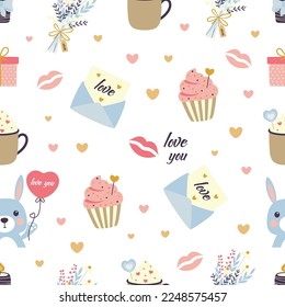cartoon seamless pattern for valentine's day, texture of romantic elements hearts, letter, envelope, candle, bunny with balloon, flowers and others symbols 