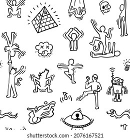 Cartoon seamless pattern with various characters and objects.