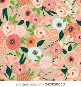 Cartoon seamless pattern with various flowers.Spring or summer abstract background with floral composition.Print on fabric and paper.Endless wallpaper,wrapping paper.Modern art style illustration.