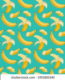 Cartoon seamless pattern with various juicy bananas on turquoise background. Tropical trendy fruits. Vector pattern for fabrics, wallpapers and your creativity.