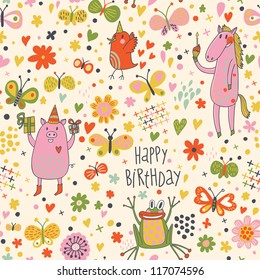 Cartoon seamless pattern in vector. Funny animals in flowers