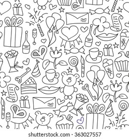 Cartoon seamless pattern in vector. Happy birthday party. Valentine day. Adult coloring book.