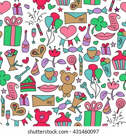 Cartoon seamless pattern in vector. Happy birthday party. Funny bright illustration.