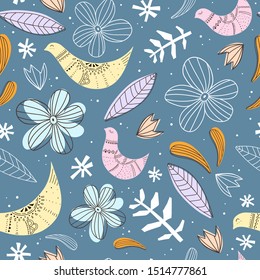 cartoon seamless pattern. vector with stylized colorful flowers, birds, decor elements, dots, lines on a neutral light background. hand drawing. Scandinavian style, ornament. nature theme. Design for 