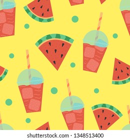 Cartoon seamless pattern. Vector summer background. Watermelon smoothies.