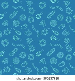 Cartoon seamless pattern virus, cell, bacteria or microbe in hand drawn vintage style. Retro vector illustration.