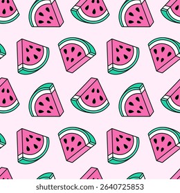 Cartoon seamless pattern of watermelon slices isolated on light pink background.