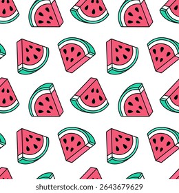 Cartoon nahtloses Muster von Wassermelonenscheiben, einzeln auf weißem Hintergrund.