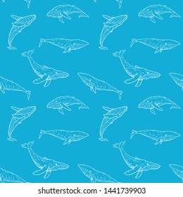 Cartoon seamless pattern with whales. Vector Illustration. Background for wallpaper, textile.