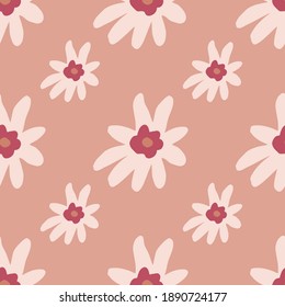 Cartoon nahtlose Muster mit weißen Blütensilhouetten bedruckt auf rosafarbenem hellen Hintergrund. Flacher Vektordruck für Textilien, Gewebe, Geschenkpapier, Wallpaper. Endlose Illustration.