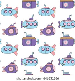 Cartoon seamless pattern with white submarines on yellow background Vector illustration
