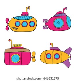 Cartoon seamless pattern with white submarines on yellow background Vector illustration