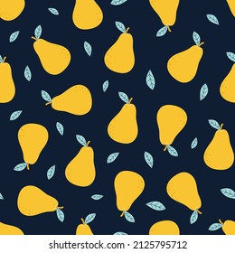 cartoon seamless pattern with yellow pears, vector illustration of juicy fruits with green leaves on dark background