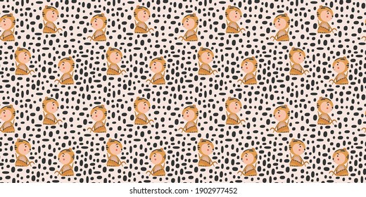 Cartoon seamless pattern of yogi tigers seated in asanas half lord of fish pose with half twist of the spine Ardha Matsyendrasana and black abstract spots on a pinkish beige background. Vector.