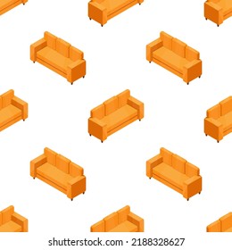 Cartoon seamless patternof sofas in isometry . New sofa in different angles in isometric projection. 3d image of home furniture. Vector illustration in cartoon and game style.