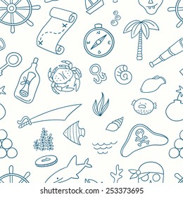 Cartoon seamless pirate pattern. Hand drawn pirate pattern made in vector. Anchor, spyglass, boat, map, fish, compass, shark and other symbols.