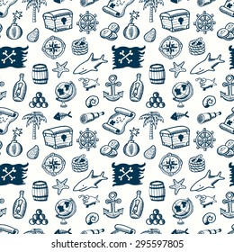 Cartoon seamless pirate pattern. Hand drawn pirate pattern made in vector. Map,  flag, key, shark,  anchor, spyglass, roger, treasure, ahoy, bone, money, rum, bottle, palm, cannonball and other.