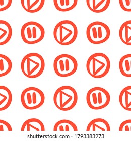 Cartoon seamless play button for decoration design. Arrow symbol illustration. Flat cartoon vector illustration. Gamepad vector illustration. Media technology.
